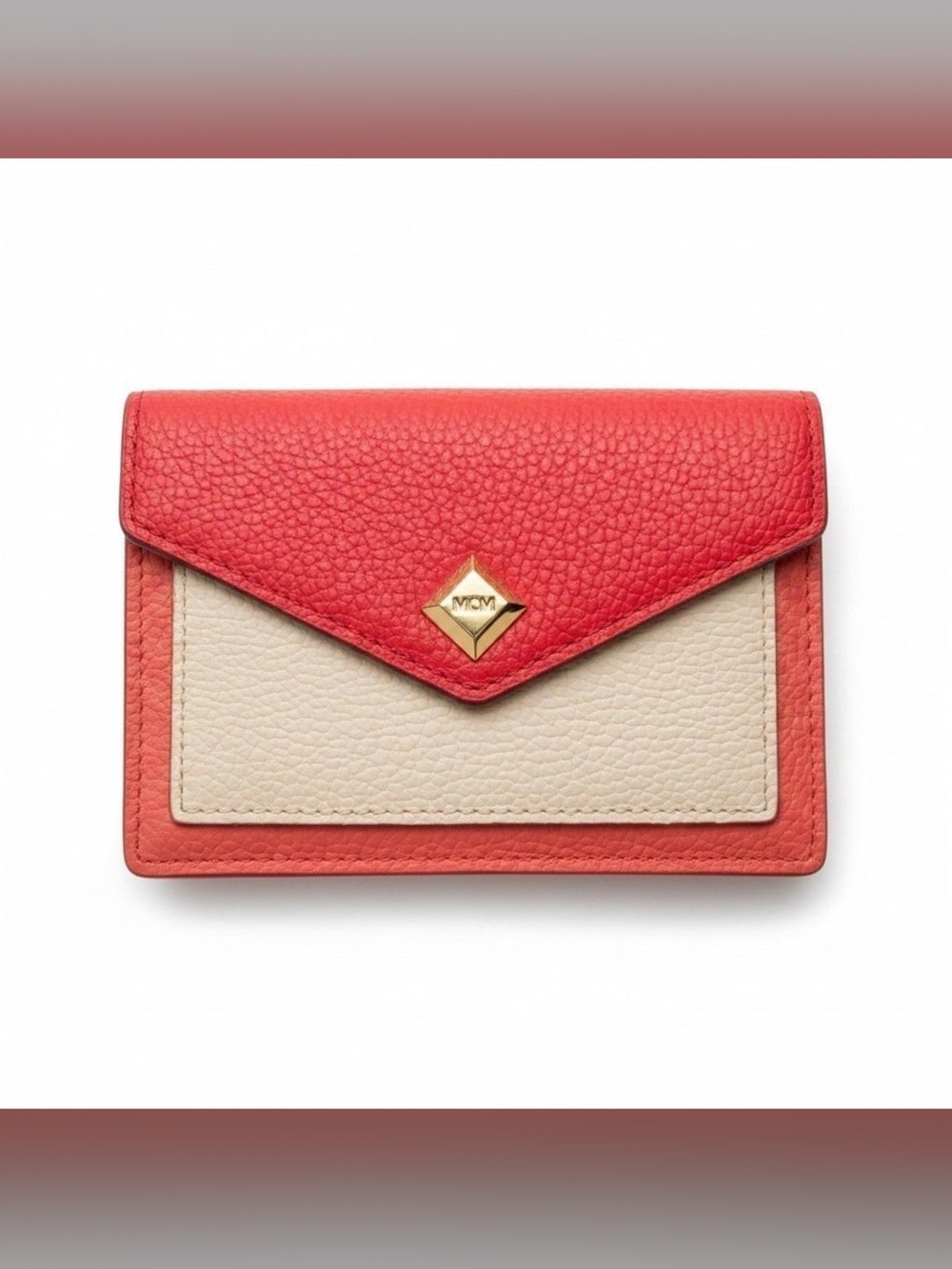 MCM Red Orange Cream Pebbled Leather Colorblock Envelope Card Case Wallet
